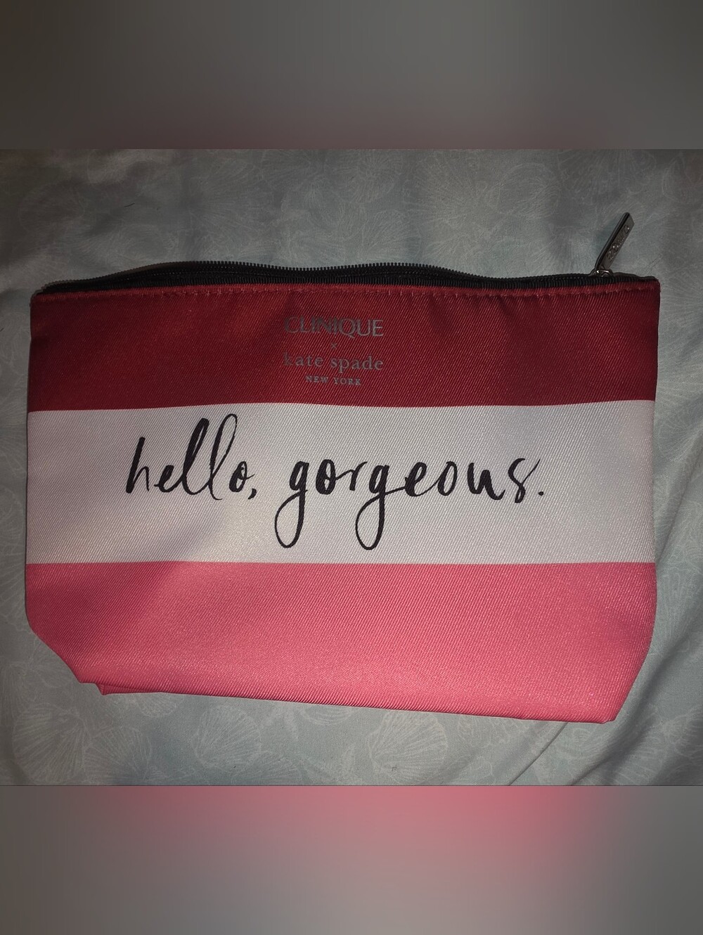 CliniquexKate Spade Pink And Red Stripe 'Hello, Gorgeous' Cosmetic Pouch